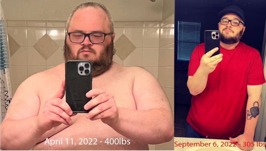 A photo of a 5'11" man showing a weight cut from 400 pounds to 305 pounds. A net loss of 95 pounds.