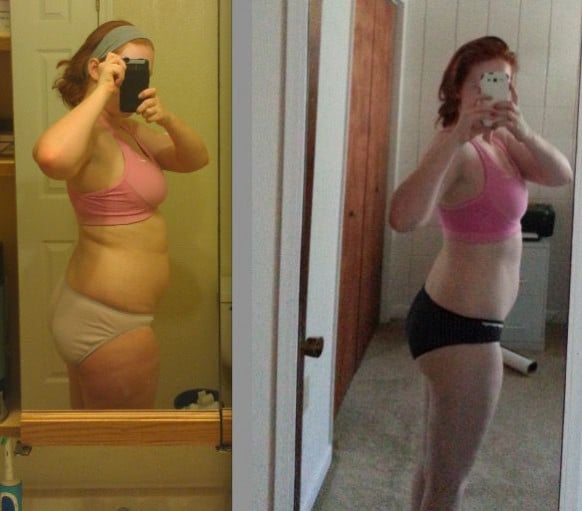 A picture of a 5'7" female showing a fat loss from 178 pounds to 158 pounds. A net loss of 20 pounds.