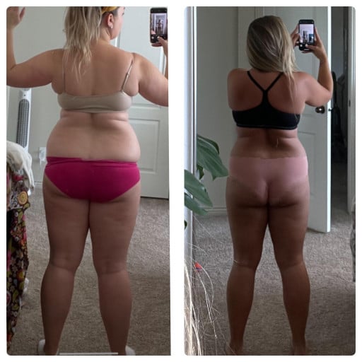 A progress pic of a 5'2" woman showing a fat loss from 190 pounds to 170 pounds. A respectable loss of 20 pounds.