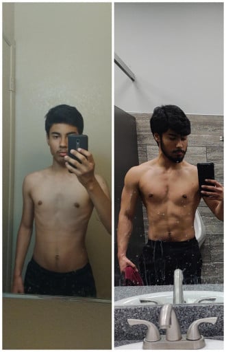 A before and after photo of a 5'5" male showing a muscle gain from 110 pounds to 130 pounds. A respectable gain of 20 pounds.