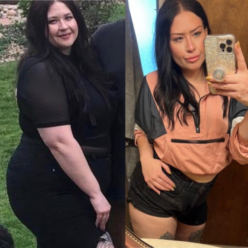 A photo of a 5'9" woman showing a weight cut from 285 pounds to 175 pounds. A respectable loss of 110 pounds.