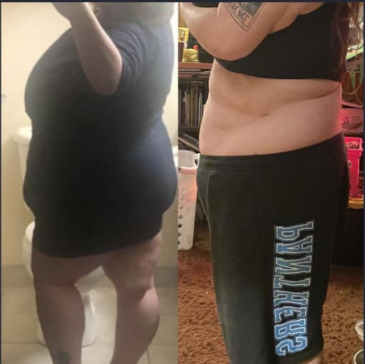 A progress pic of a 5'2" woman showing a fat loss from 340 pounds to 248 pounds. A total loss of 92 pounds.