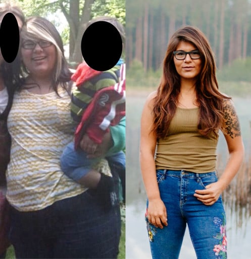 A progress pic of a 5'6" woman showing a fat loss from 270 pounds to 150 pounds. A total loss of 120 pounds.