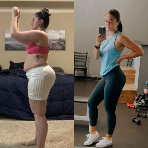 A progress pic of a 5'8" woman showing a fat loss from 253 pounds to 163 pounds. A net loss of 90 pounds.