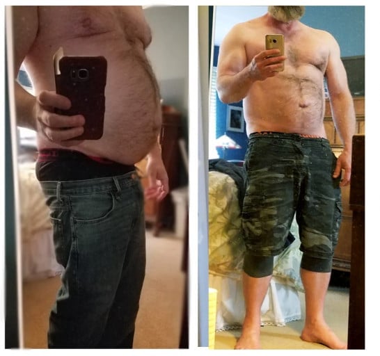 A progress pic of a 5'9" man showing a fat loss from 228 pounds to 200 pounds. A net loss of 28 pounds.