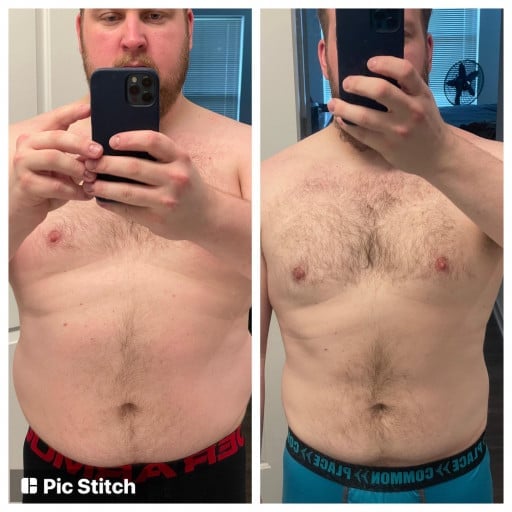 A progress pic of a 5'11" man showing a fat loss from 276 pounds to 229 pounds. A net loss of 47 pounds.