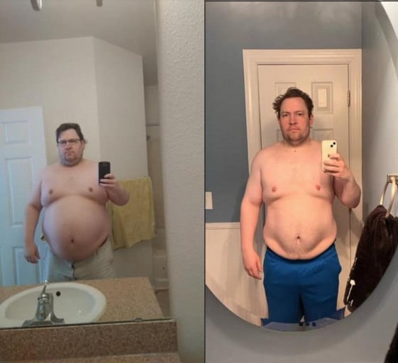 A picture of a 5'10" male showing a weight loss from 360 pounds to 249 pounds. A respectable loss of 111 pounds.