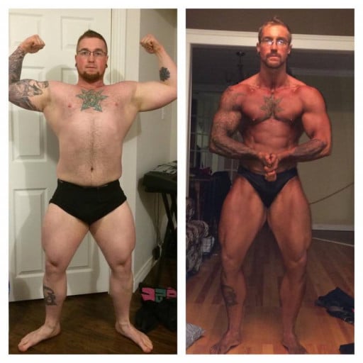 A progress pic of a 5'6" man showing a fat loss from 240 pounds to 175 pounds. A total loss of 65 pounds.