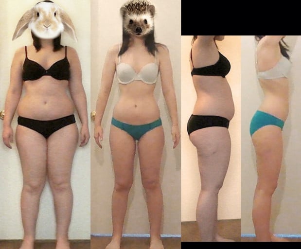 A photo of a 5'3" woman showing a weight cut from 158 pounds to 122 pounds. A total loss of 36 pounds.