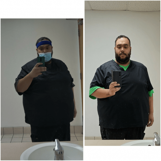 A progress pic of a 5'10" man showing a fat loss from 420 pounds to 365 pounds. A net loss of 55 pounds.
