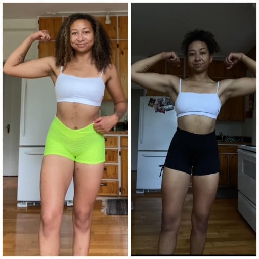 A before and after photo of a 5'9" female showing a muscle gain from 155 pounds to 170 pounds. A net gain of 15 pounds.