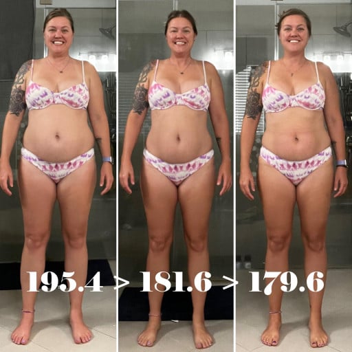 A progress pic of a 5'6" woman showing a fat loss from 195 pounds to 181 pounds. A total loss of 14 pounds.