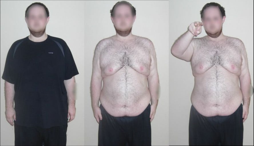 A progress pic of a 6'1" man showing a weight loss from 330 pounds to 267 pounds. A total loss of 63 pounds.