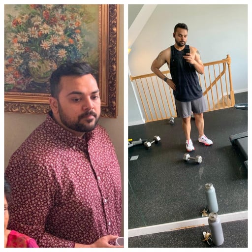 A progress pic of a 5'8" man showing a fat loss from 230 pounds to 194 pounds. A total loss of 36 pounds.
