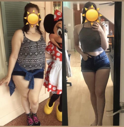 A before and after photo of a 5'7" female showing a weight reduction from 175 pounds to 155 pounds. A total loss of 20 pounds.