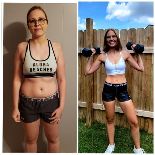A progress pic of a 5'7" woman showing a fat loss from 178 pounds to 131 pounds. A net loss of 47 pounds.