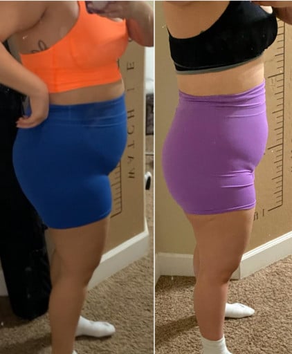 A picture of a 5'2" female showing a weight loss from 202 pounds to 190 pounds. A net loss of 12 pounds.