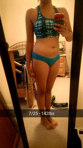 A picture of a 5'5" female showing a weight loss from 159 pounds to 135 pounds. A net loss of 24 pounds.