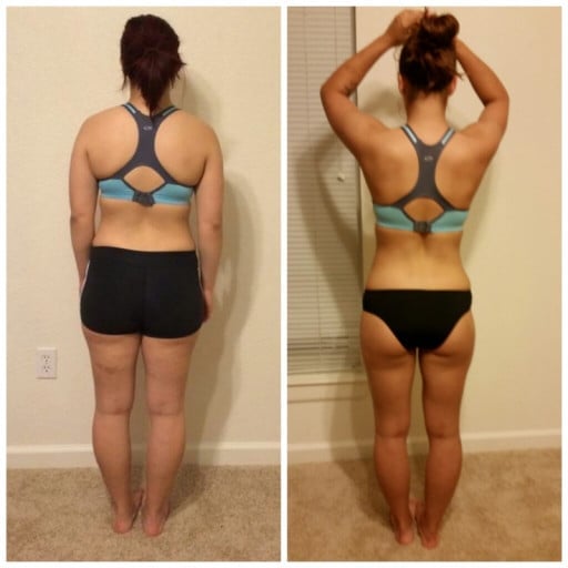 A before and after photo of a 5'1" female showing a weight cut from 140 pounds to 120 pounds. A respectable loss of 20 pounds.