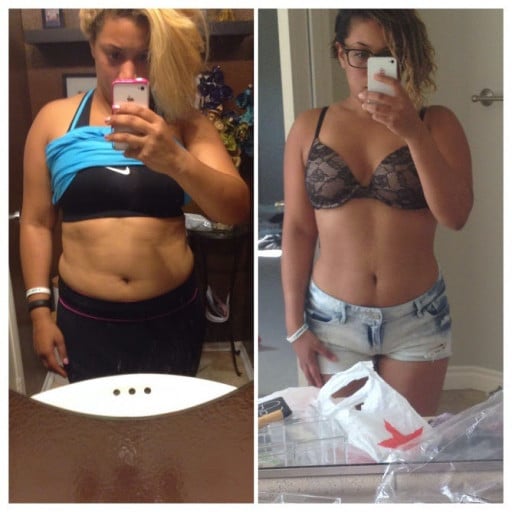 A progress pic of a 5'2" woman showing a fat loss from 160 pounds to 150 pounds. A total loss of 10 pounds.