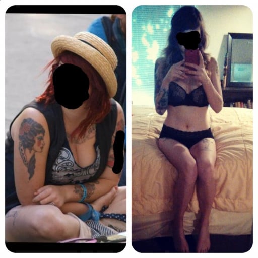 A photo of a 5'10" woman showing a weight cut from 167 pounds to 127 pounds. A total loss of 40 pounds.