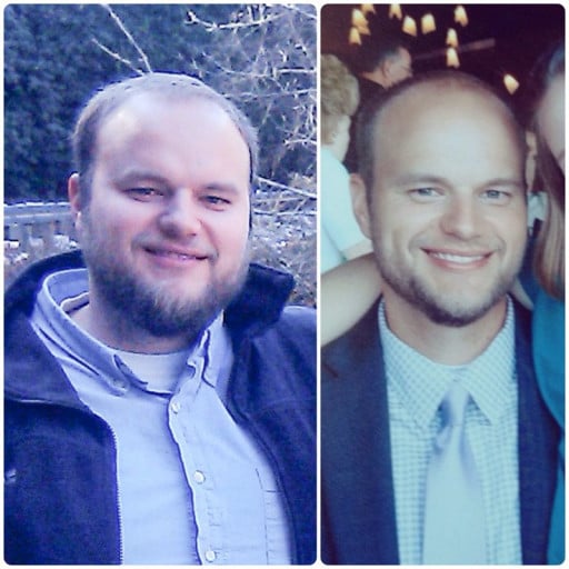 A before and after photo of a 5'8" male showing a weight cut from 295 pounds to 175 pounds. A total loss of 120 pounds.