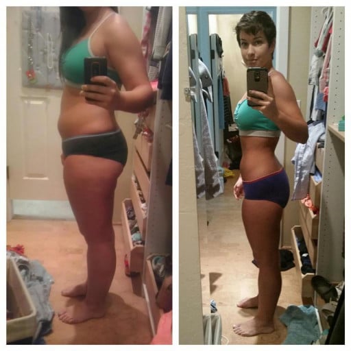 A progress pic of a 5'4" woman showing a weight cut from 168 pounds to 138 pounds. A net loss of 30 pounds.