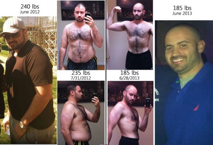 A progress pic of a 5'11" man showing a fat loss from 240 pounds to 185 pounds. A respectable loss of 55 pounds.