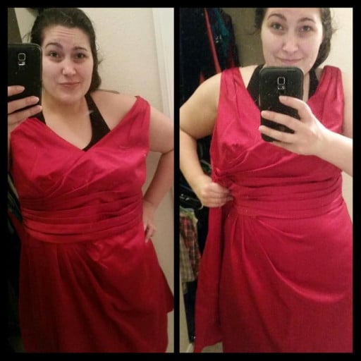 A progress pic of a 5'6" woman showing a weight reduction from 245 pounds to 215 pounds. A respectable loss of 30 pounds.