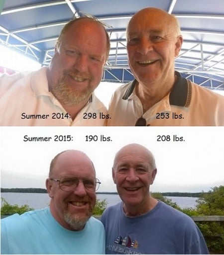 My husband M/68/6'2" [253 > 208 = 45] and I M/52/5'11½" [298 > 190 = 108] have lost 153 pounds together since last summer! Another couple - let's see more couples!