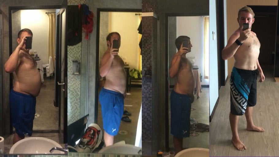 A before and after photo of a 5'8" male showing a weight reduction from 220 pounds to 170 pounds. A net loss of 50 pounds.