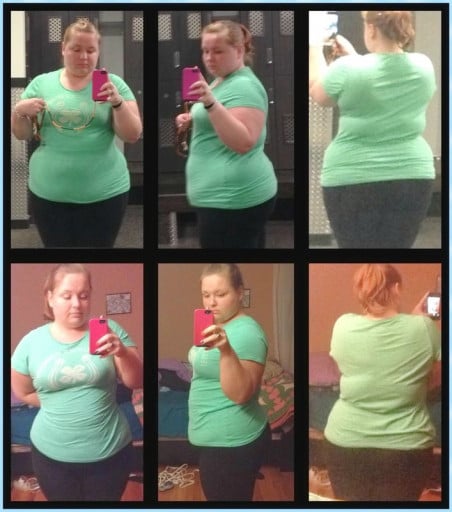 A before and after photo of a 5'3" female showing a weight reduction from 250 pounds to 218 pounds. A net loss of 32 pounds.