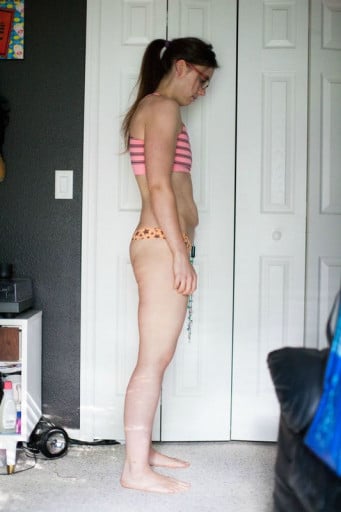 A before and after photo of a 5'6" female showing a snapshot of 124 pounds at a height of 5'6