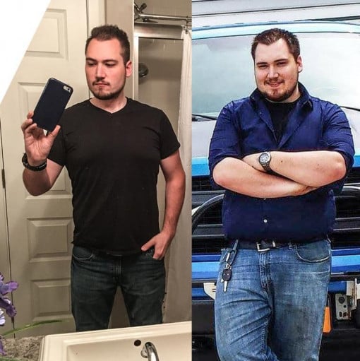 A before and after photo of a 5'11" male showing a weight reduction from 275 pounds to 185 pounds. A total loss of 90 pounds.