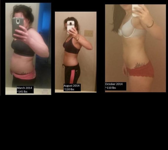 A before and after photo of a 5'0" female showing a weight cut from 145 pounds to 120 pounds. A total loss of 25 pounds.