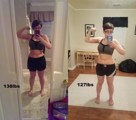 A photo of a 5'0" woman showing a weight cut from 138 pounds to 127 pounds. A net loss of 11 pounds.
