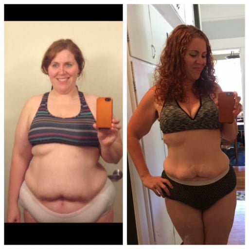 A photo of a 5'9" woman showing a fat loss from 260 pounds to 187 pounds. A total loss of 73 pounds.