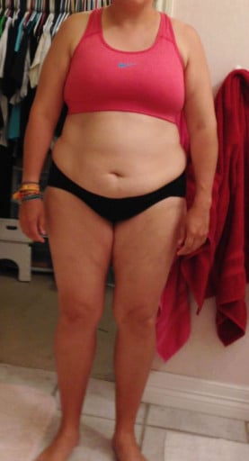 A before and after photo of a 5'0" female showing a snapshot of 166 pounds at a height of 5'0
