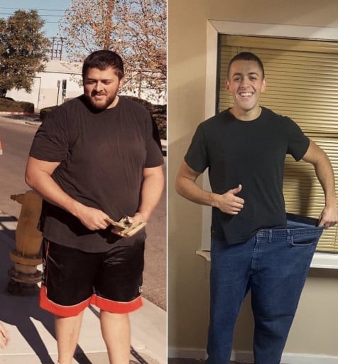 A photo of a 6'2" man showing a weight cut from 360 pounds to 198 pounds. A total loss of 162 pounds.