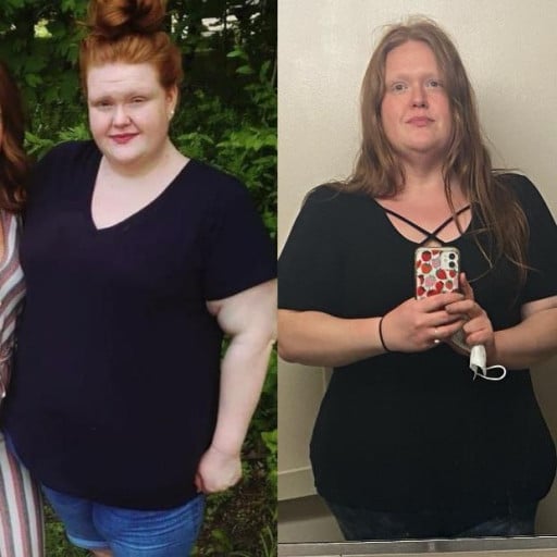 A progress pic of a 5'7" woman showing a fat loss from 297 pounds to 247 pounds. A total loss of 50 pounds.
