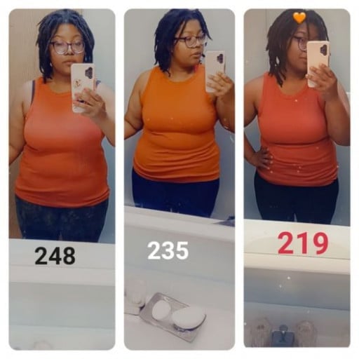 A before and after photo of a 5'2" female showing a weight reduction from 248 pounds to 219 pounds. A net loss of 29 pounds.