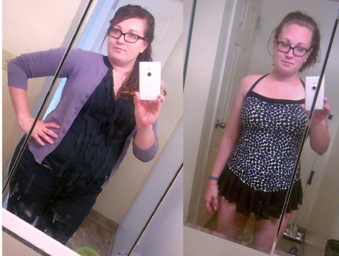 A progress pic of a 5'8" woman showing a fat loss from 220 pounds to 185 pounds. A total loss of 35 pounds.