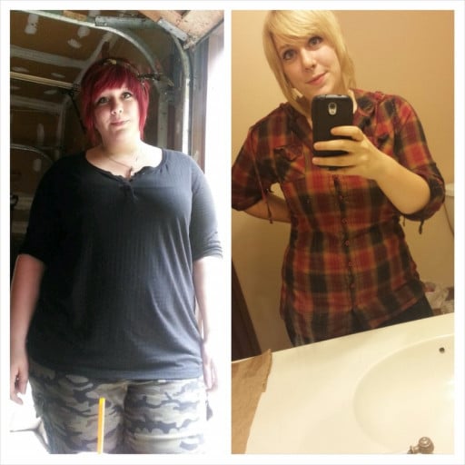 A before and after photo of a 5'4" female showing a weight reduction from 240 pounds to 168 pounds. A total loss of 72 pounds.