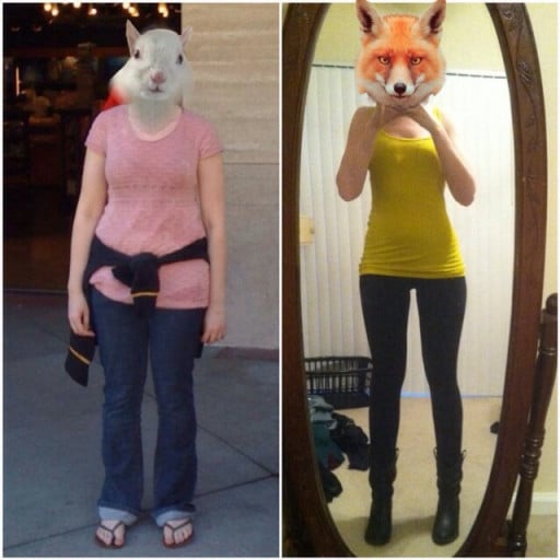 A before and after photo of a 5'7" female showing a weight reduction from 158 pounds to 133 pounds. A net loss of 25 pounds.