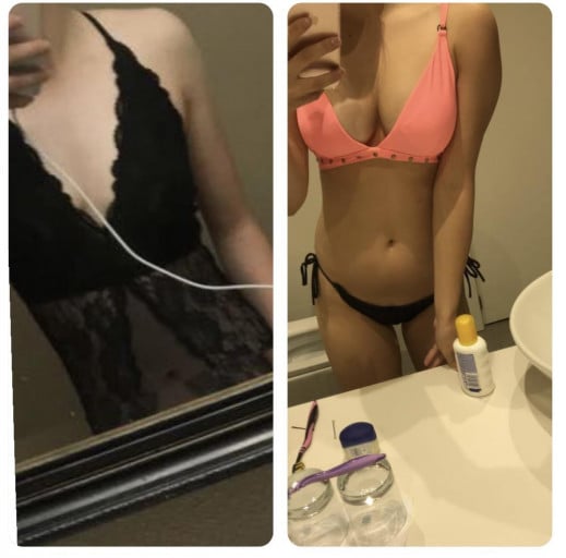 A progress pic of a 5'5" woman showing a weight gain from 105 pounds to 143 pounds. A net gain of 38 pounds.