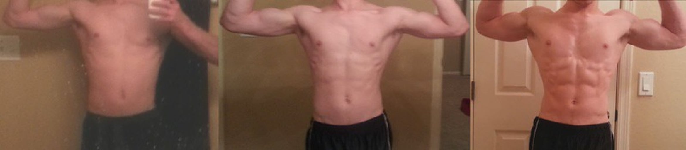 A picture of a 5'9" male showing a muscle gain from 112 pounds to 131 pounds. A respectable gain of 19 pounds.