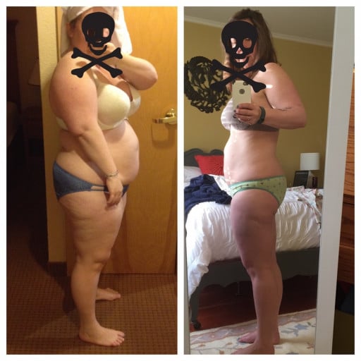 A photo of a 5'2" woman showing a weight cut from 234 pounds to 170 pounds. A total loss of 64 pounds.