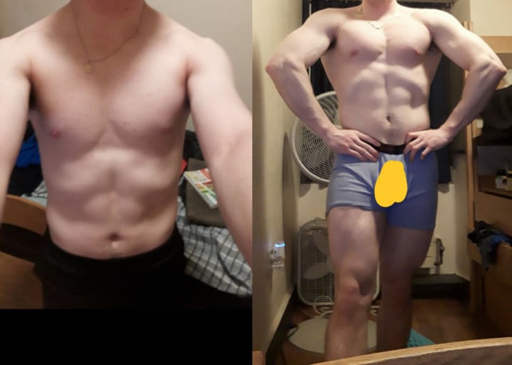 A progress pic of a 5'10" man showing a muscle gain from 140 pounds to 186 pounds. A respectable gain of 46 pounds.