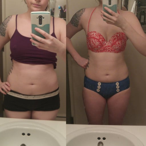 A picture of a 5'5" female showing a weight loss from 142 pounds to 129 pounds. A respectable loss of 13 pounds.