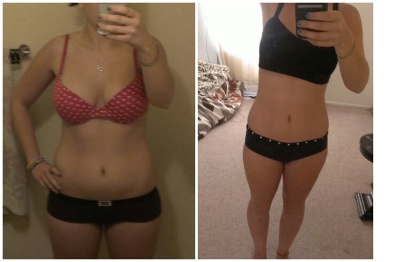 A photo of a 5'5" woman showing a weight cut from 158 pounds to 135 pounds. A total loss of 23 pounds.